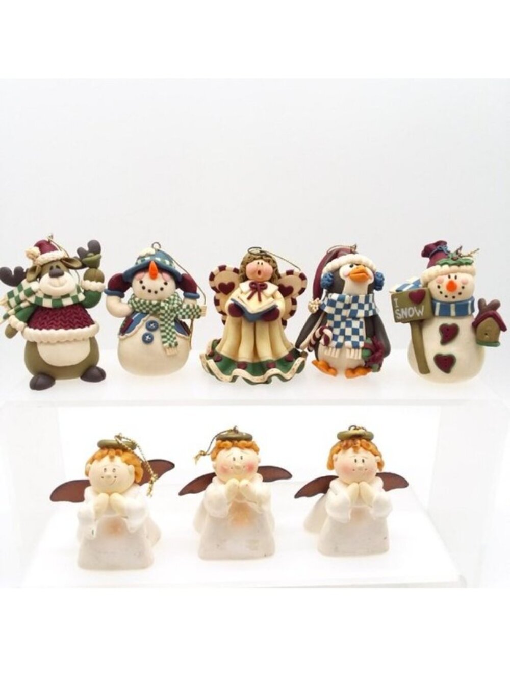 8 Christmas Ornaments Handcrafted Clay Angel Penguin Moose Snowman Holiday Decor